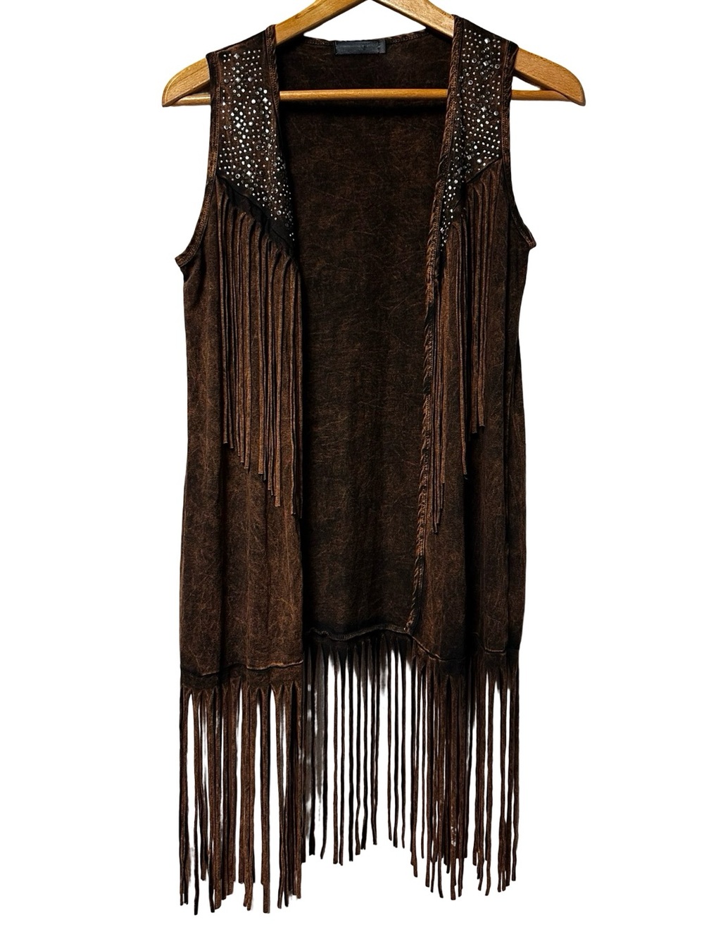 Party Brown Western Open Front Fringe Vest Small Studded Cowgirl Rodeo Country